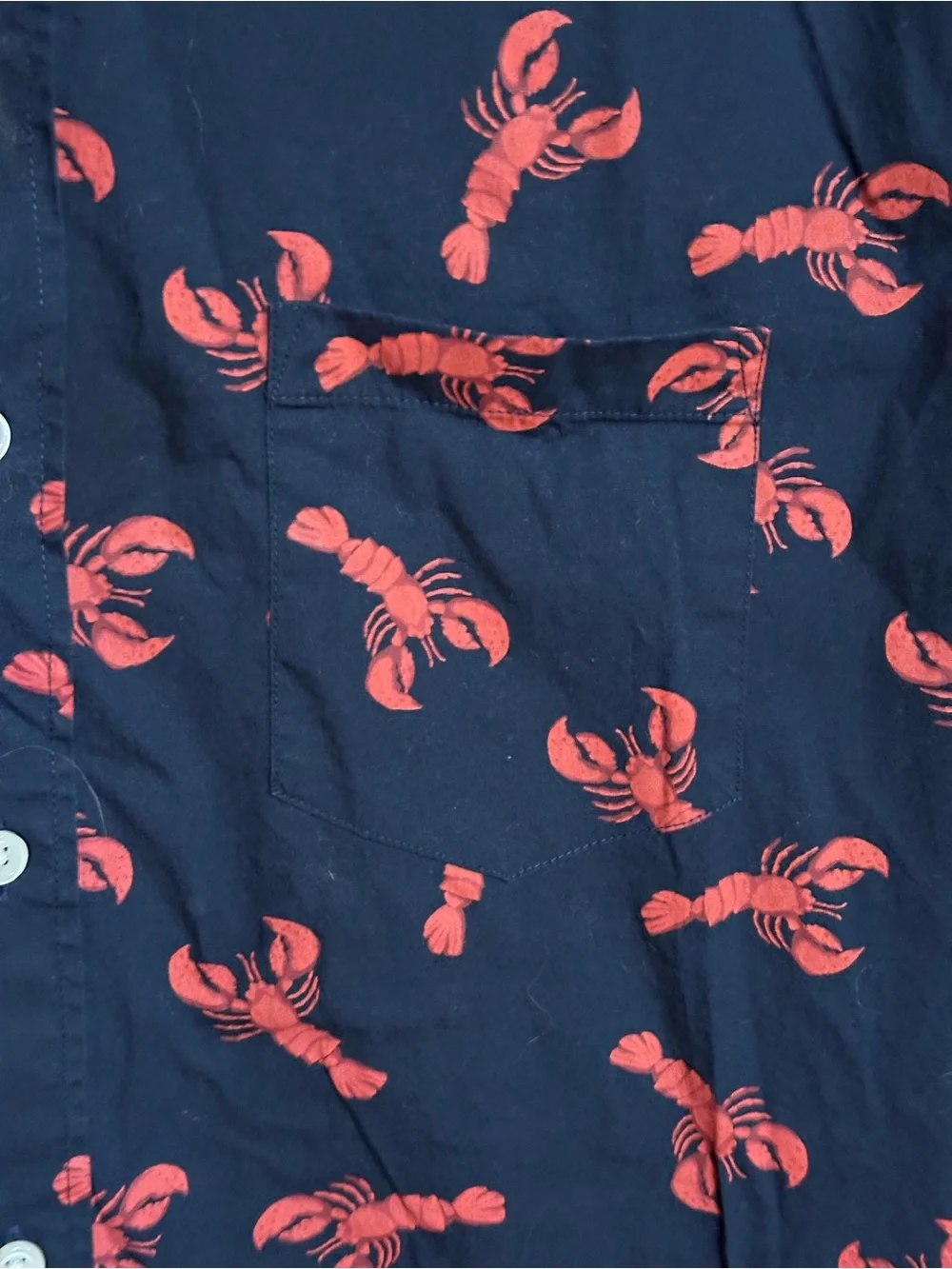 J. Crew Navy Short-Sleeve Button-Up with Red Lobster Print sz large coastal